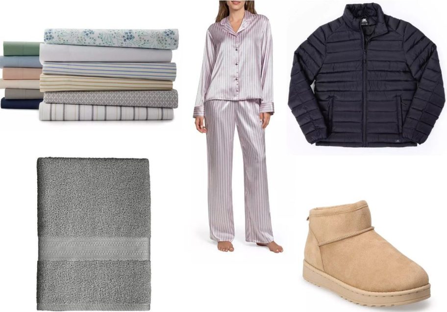 towels, Sheets, pajamas, a puffer jacket and cozy boots from Kohl's