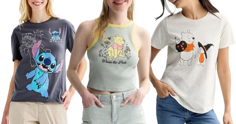 Stock images of 3 women wearing Disney tops