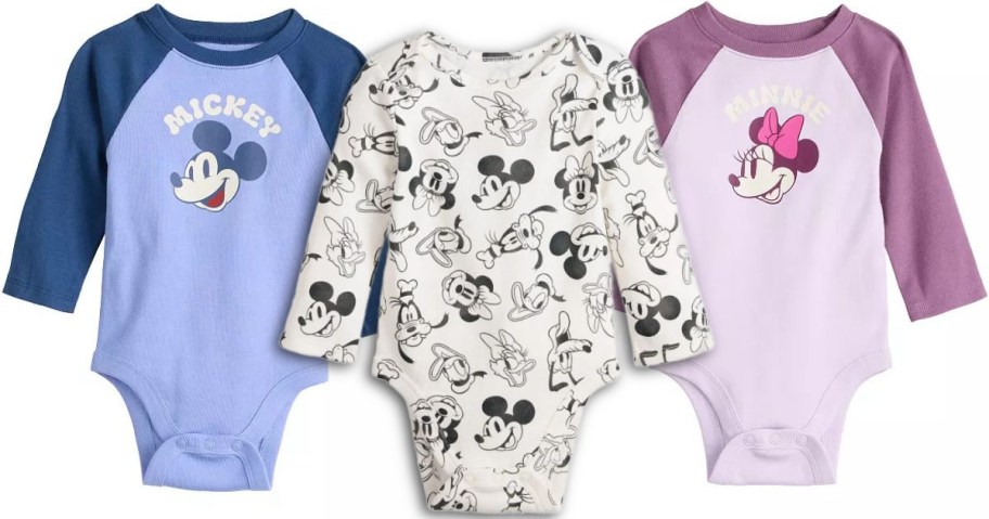Stock images of three Disney Jumping Beans Baby Bodysuits
