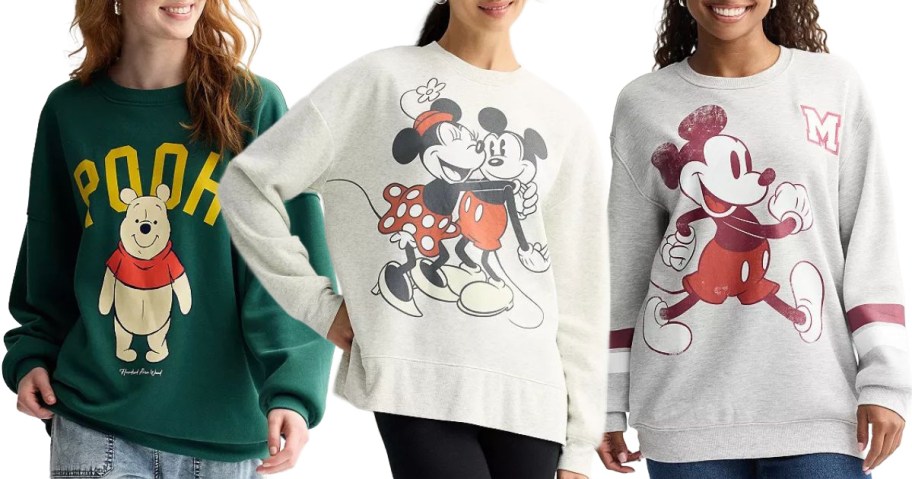 Stock images of 3 women wearing Disney Sweatshirts from Kohl's