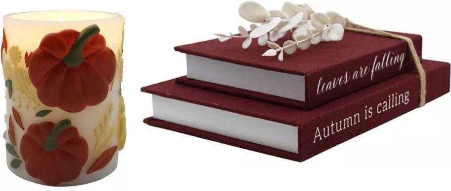 Stock images of a fall LED candle and book stack decoration from Kohl's