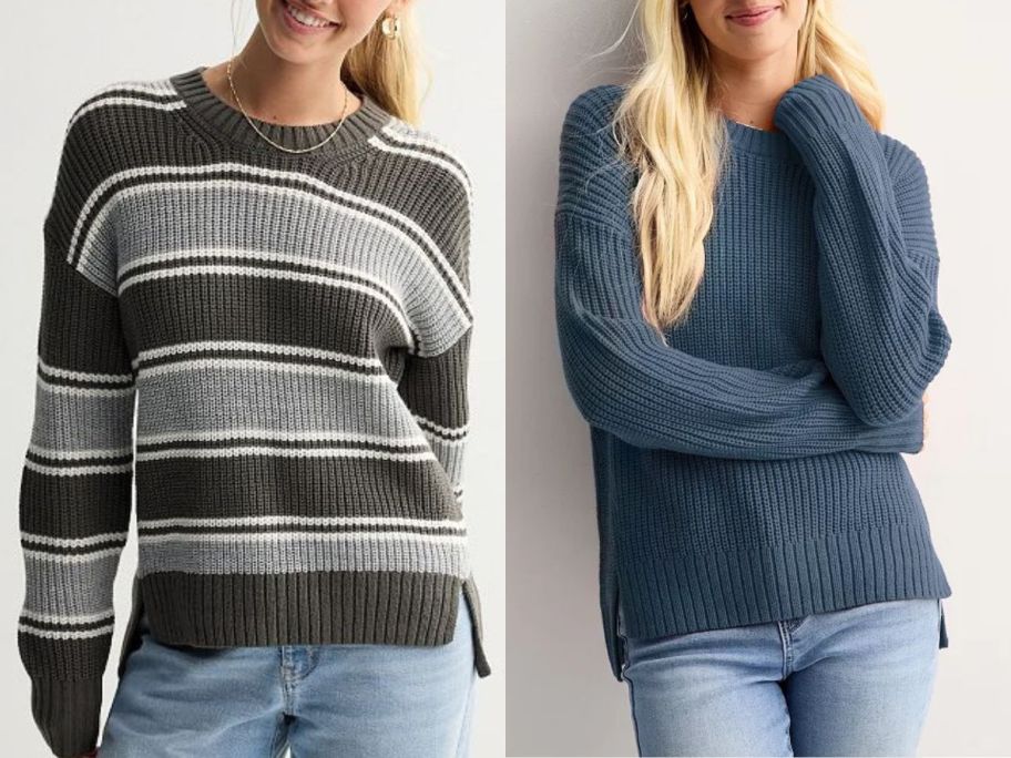 Stock images of two teens wearing Juniors' SO Essential Crewneck Pullovers