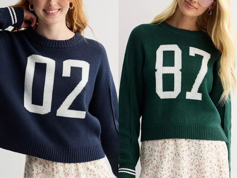 Stock images of two teen girls wearing Juniors SO Prep Pullover Sweaters
