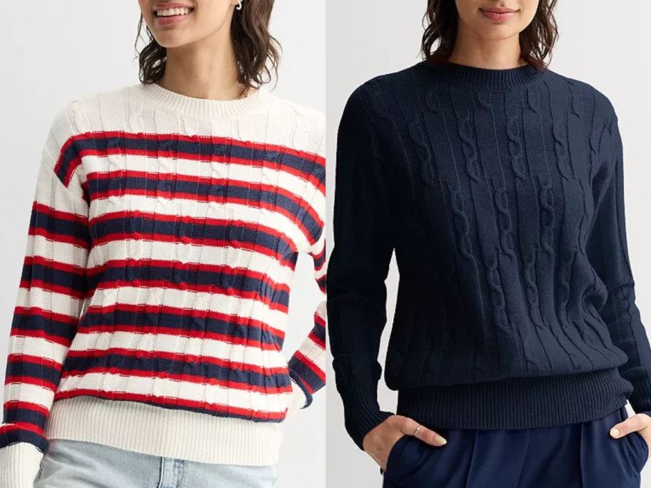 Two women wearing Juniors SO Cable Tunic Sweaters