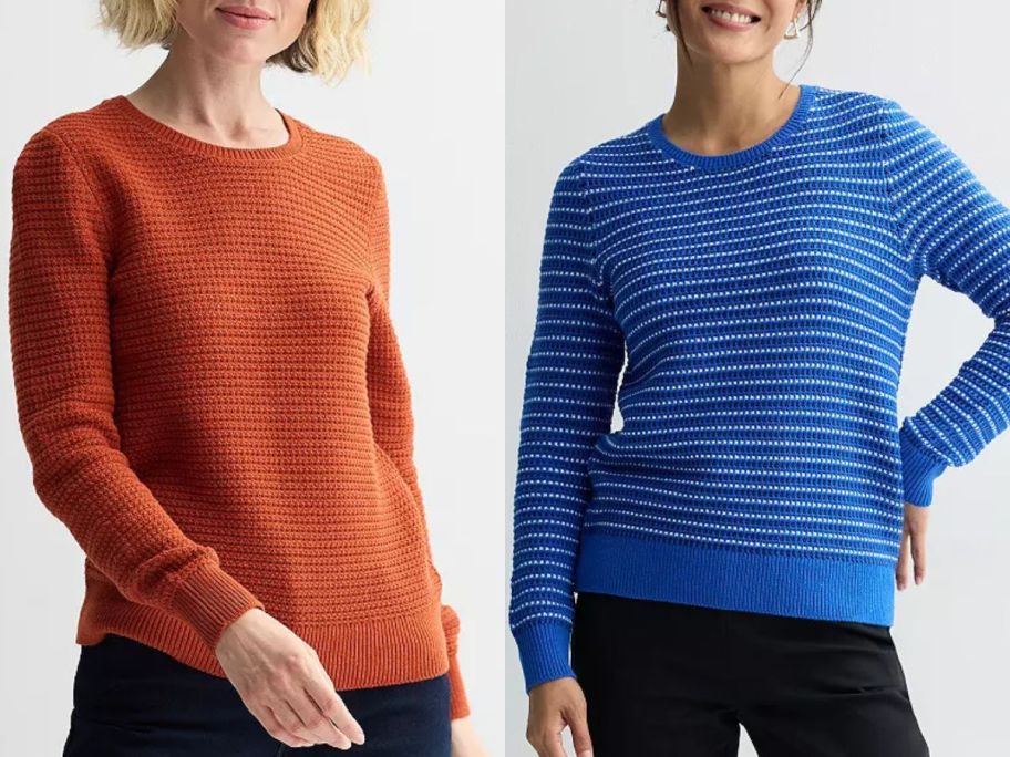 Stock images of two women wearing Women's Croft & Barrow Textured Pullover Sweaters