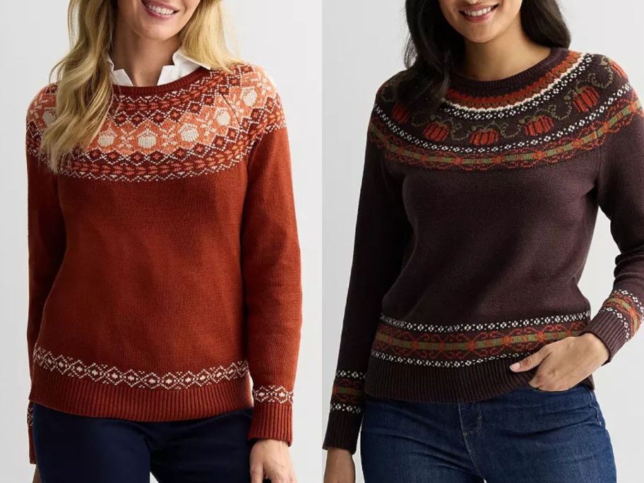 Stock images of two women wearing Women's Croft & Barrow Fair Isle Pullover Sweaters