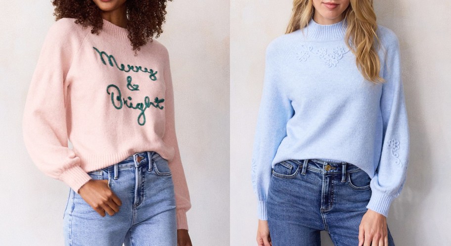 women in pink and blue sweaters