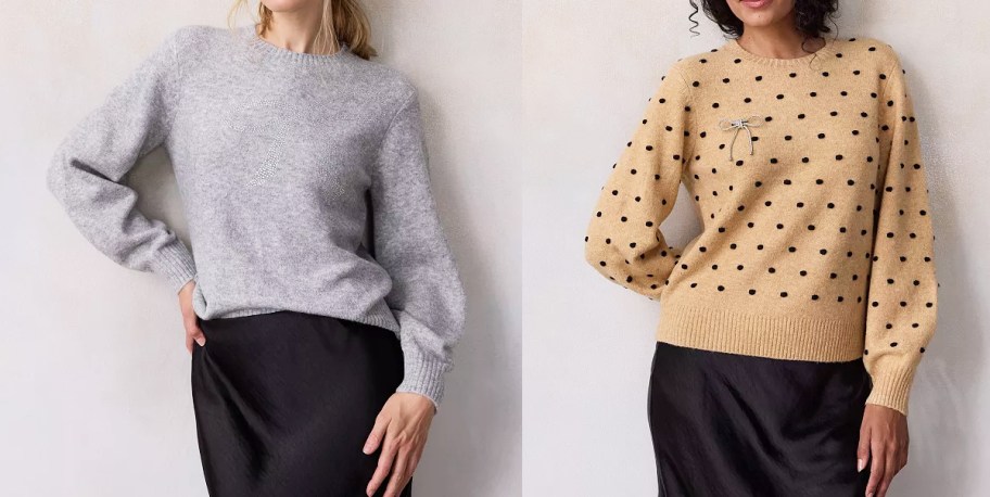 two women in grey and tan sweaters