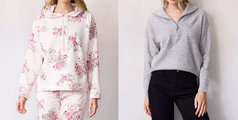 women in rose print and grey sweaters