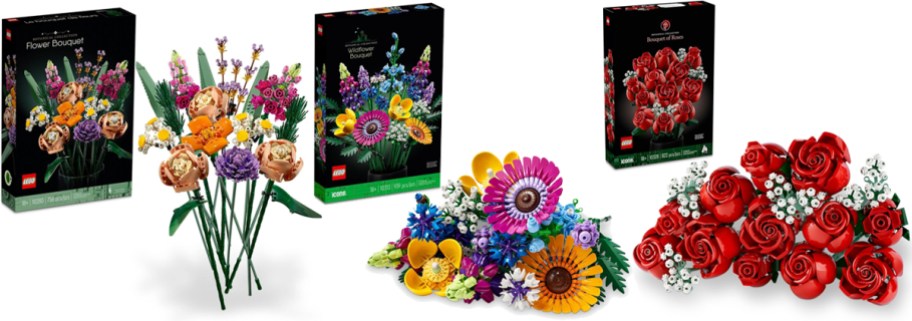 three lego bouquet sets in a row