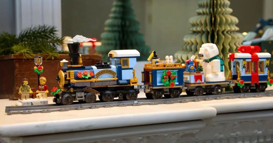 A LEGO train with animals and smoke