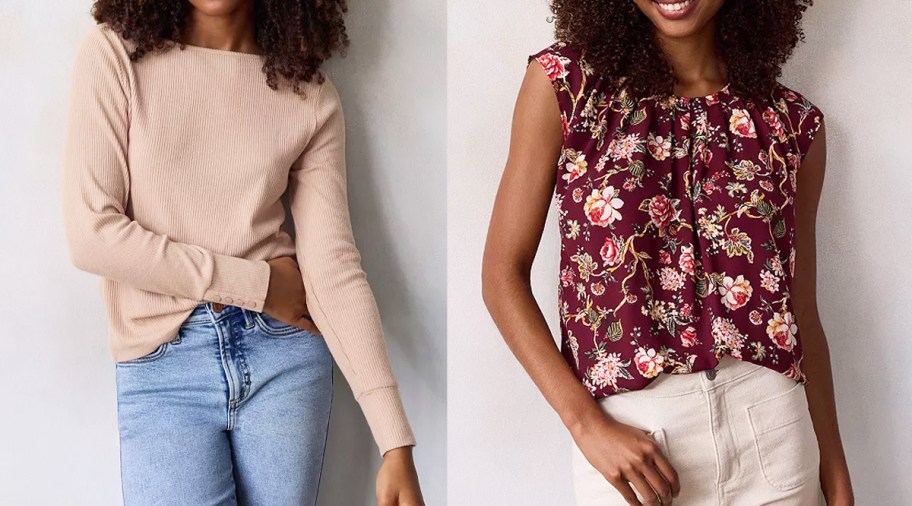 women in tan and maroon blouses