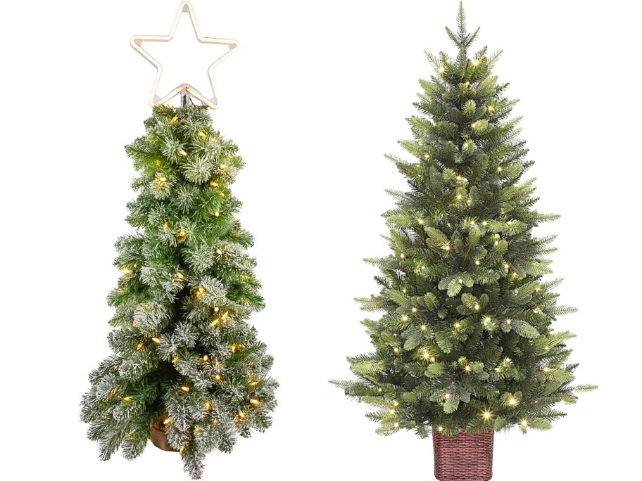two small pre-lit christmas trees