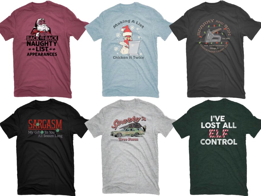 6 christmas graphic tees in various colors