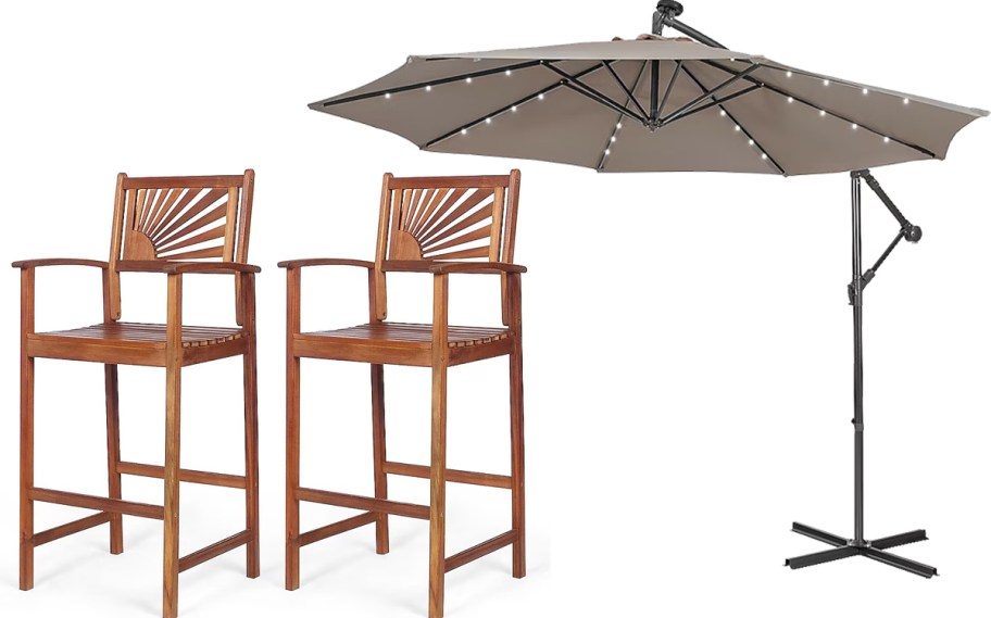 wood barstools and cantilever umbrella with lights