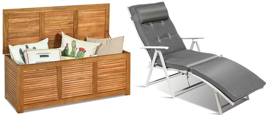 wood deck box and grey lounge chair