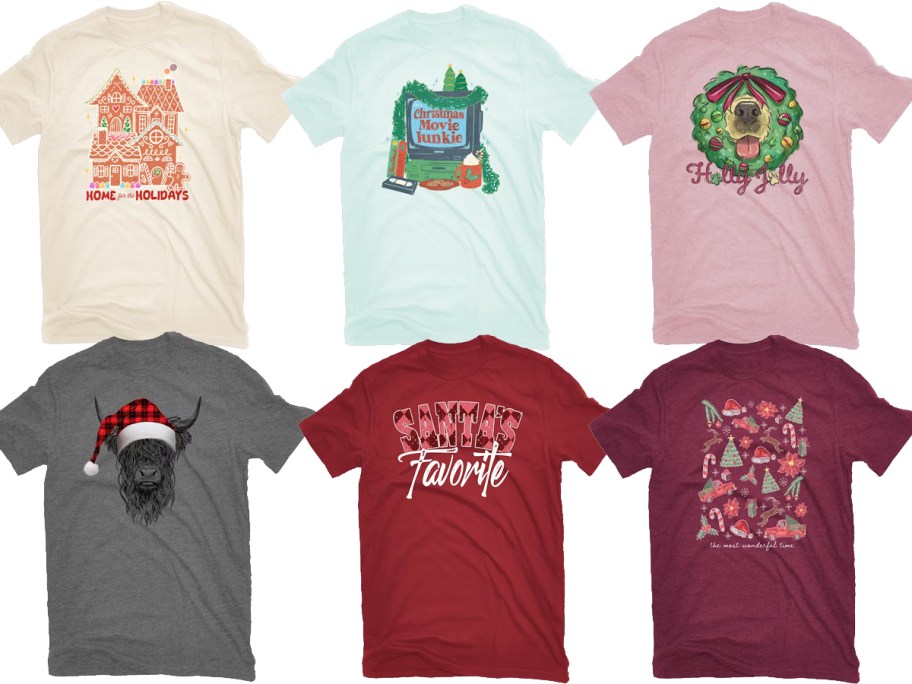 6 christmas graphic tees in various colors