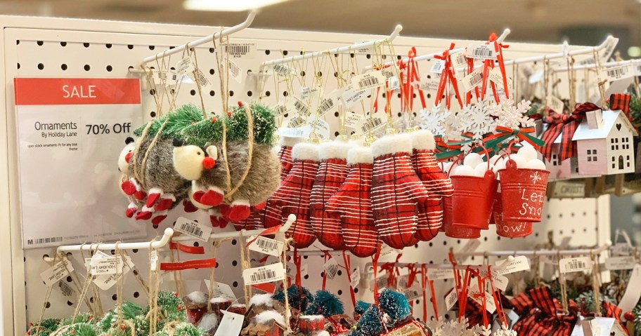 christmas ornaments on display in macys store