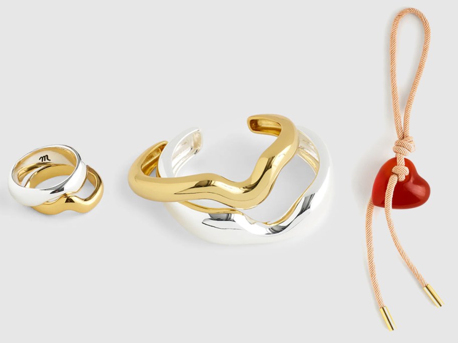 Madewell Mixed-Metal Notched Stacking Ring Set, Notched Cuff Bracelet Set, Carved Heart Bag Charm