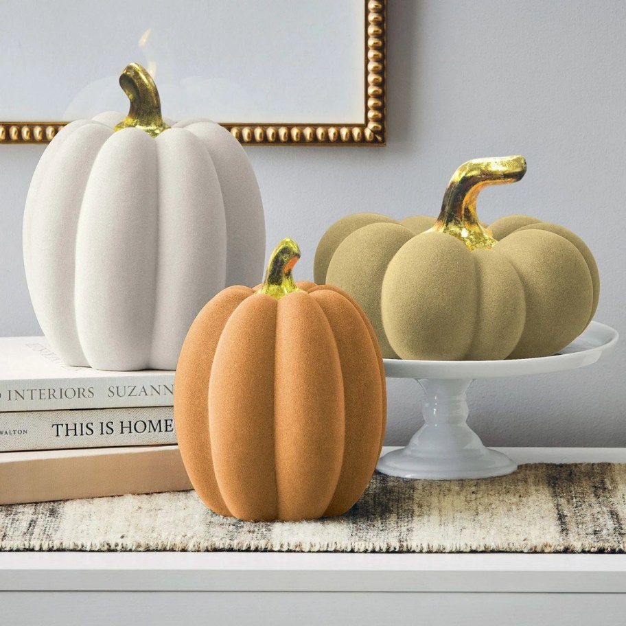 3 piece set of flocked pumpkins in different colors