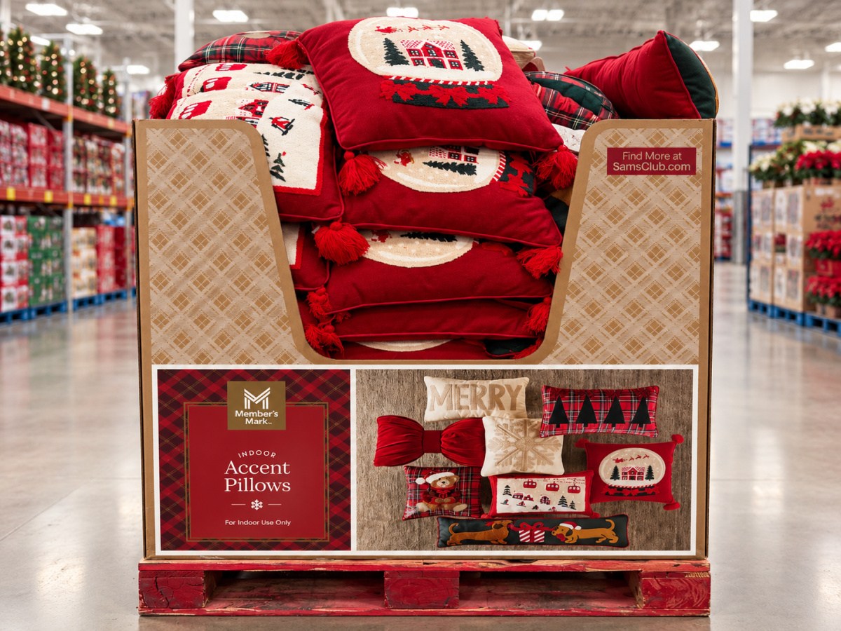 sams club warehouse display of holiday pillows