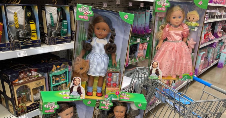 A cart with My Life As Wizard of Oz Dolls at Walmart