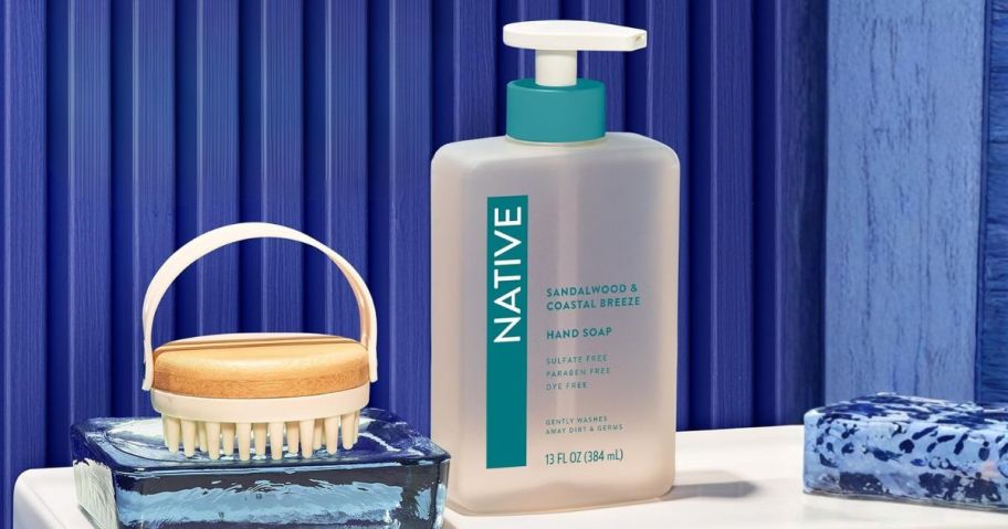 Native Liquid Hand Soap in Sandalwood & Coastal Breeze next to bathroom sink