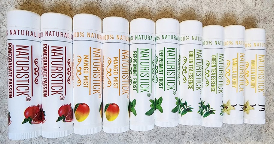 multiple tubes of lip balms in a row
