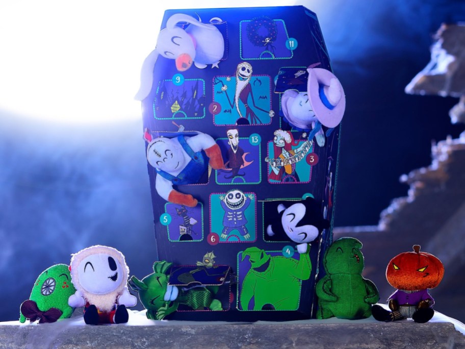 Nightmare Before Christmas 13-day countdown calendar coffin box with numbered doors open and plush characters emerging from them.