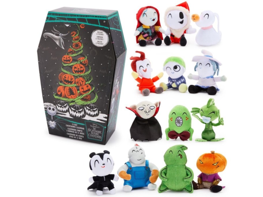 Nightmare Before Christmas 13-Day Halloween countdown calendar featuring a coffin-shaped box and thirteen character plush toys including Sally, Jack Skellington, Zero, and other spooky figures.