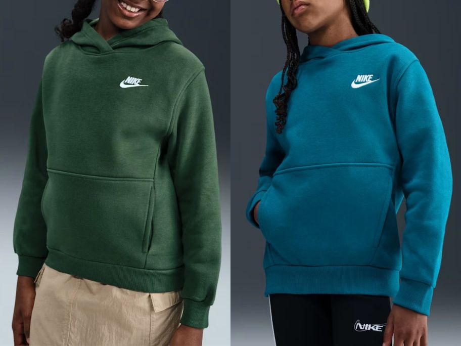 Stock images of two kids wearing Nike fleece hoodies