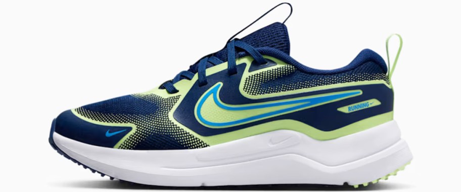 dark blue and yellow nike running shoe