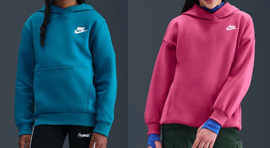 kids in blue and pink nike hoodies