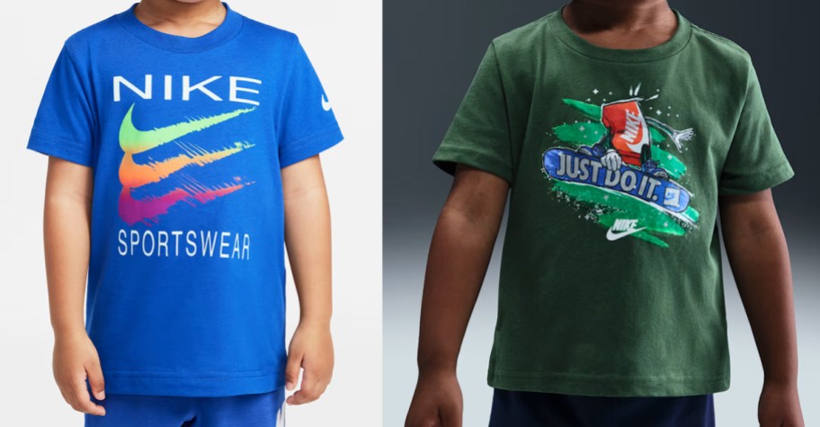 kids in blue and green nike graphic tees