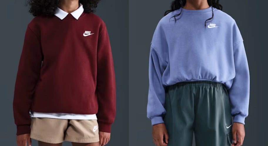 two kids in maroon and purple nike sweatshirts