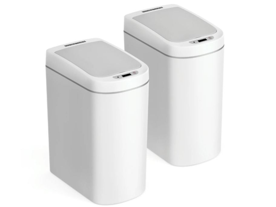 2 white and gray automatic motion detected trash cans
