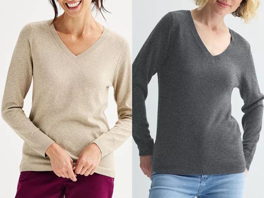 Stock images of two women wearing Women's Croft & Barrow The Extra Soft V-Neck Sweaters