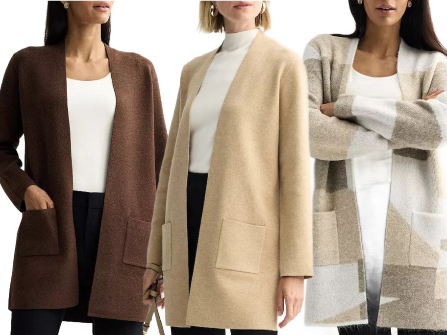 Stock images of 3 women wearing nine west coatigan sweaters in chocolate brown, camel and a neautral tan patchwork print