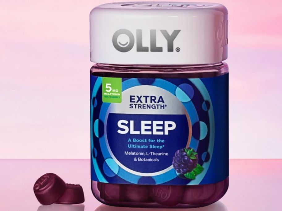 stock image of OLLY Extra Strength Sleep Gummies with pink background