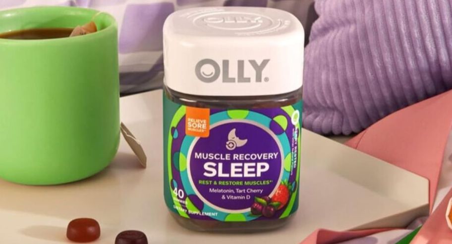 OLLY Muscle Recovery Sleep Gummies 40-Count displayed on top of the table