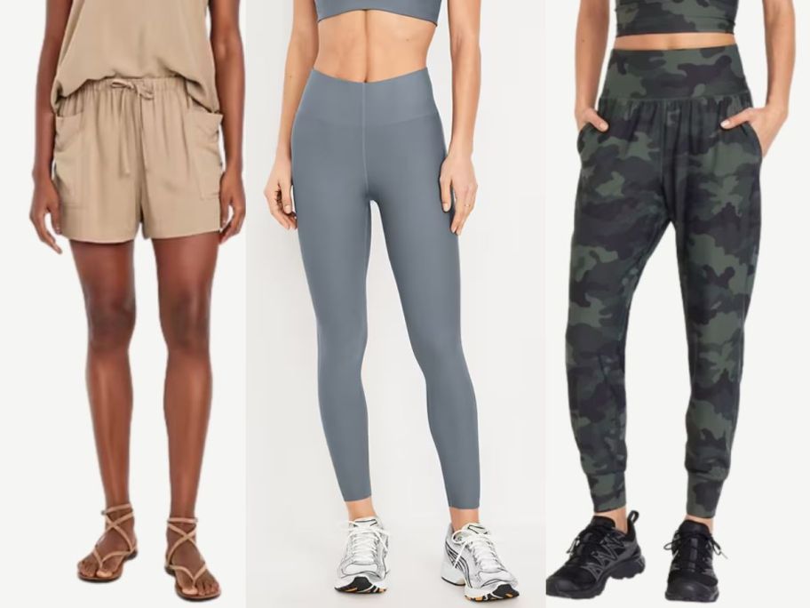 A woman wearing brown shorts, another wearing gray leggings and the last wearing camo pants