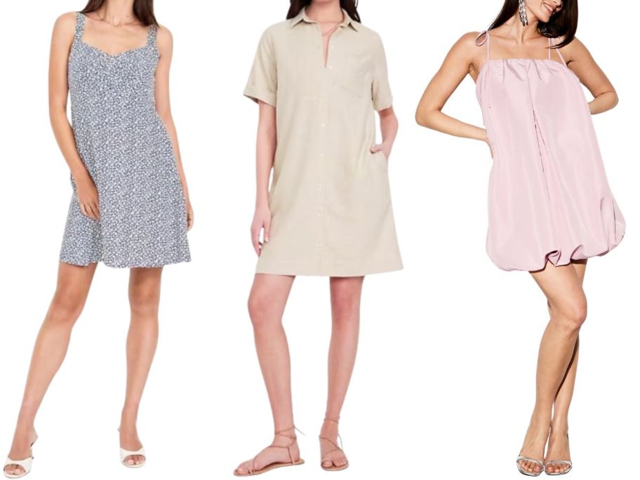 3 women wearing short dresses from Old Navy in light colors