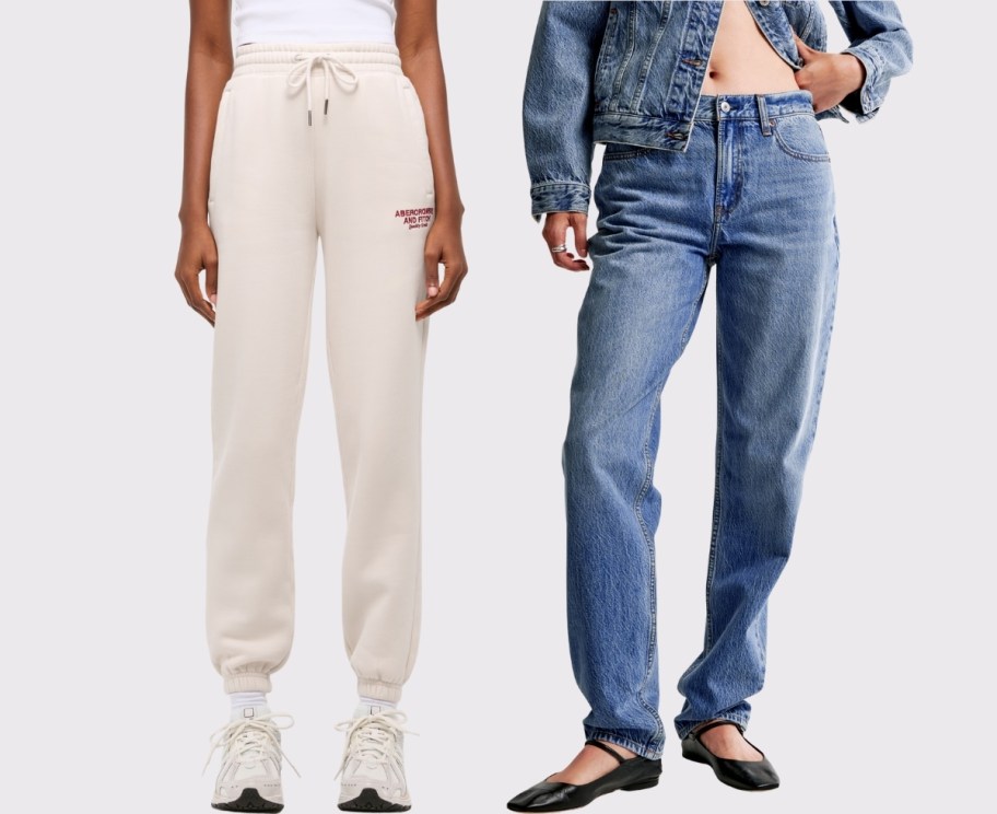 woman wearing joggers and a woman wearing taper jeans