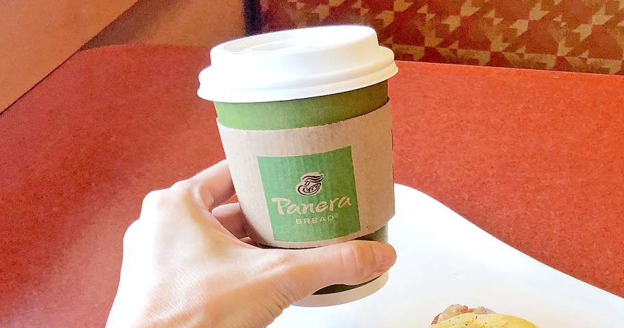 hand holding up a cup of panera coffee