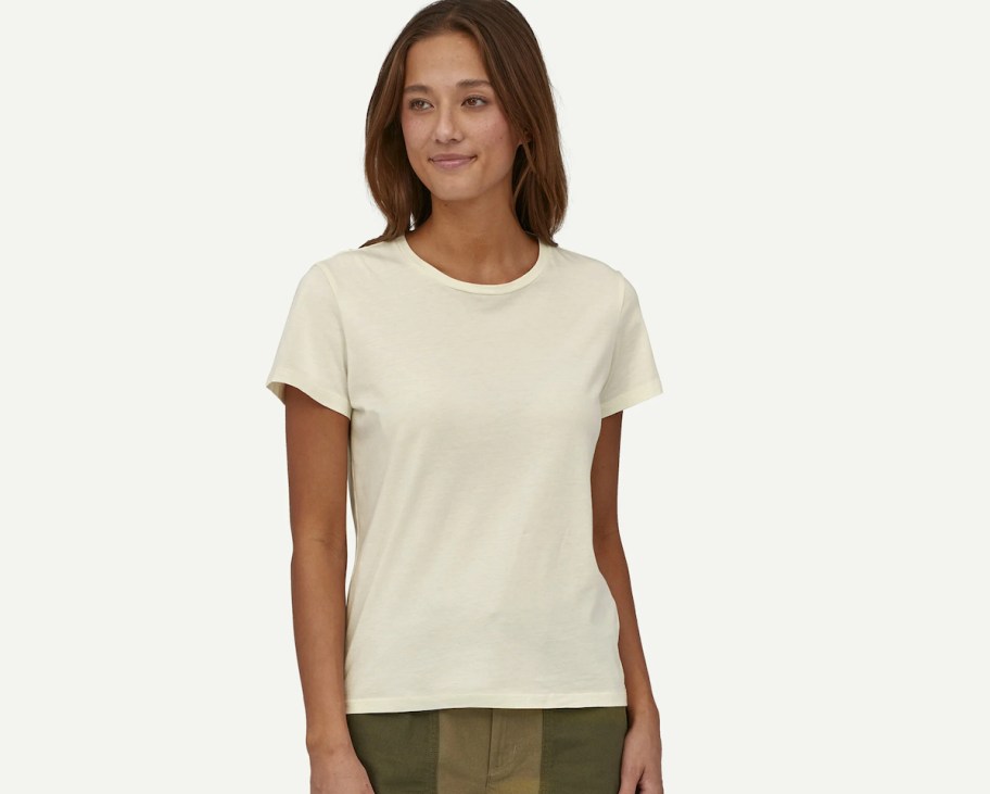 woman modeling cream tshirt
