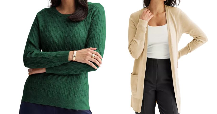 Petite green Croft & Barrow The Extra Soft Cabled Crewneck Sweater and beige Women's Nine West Essential Cardigan
