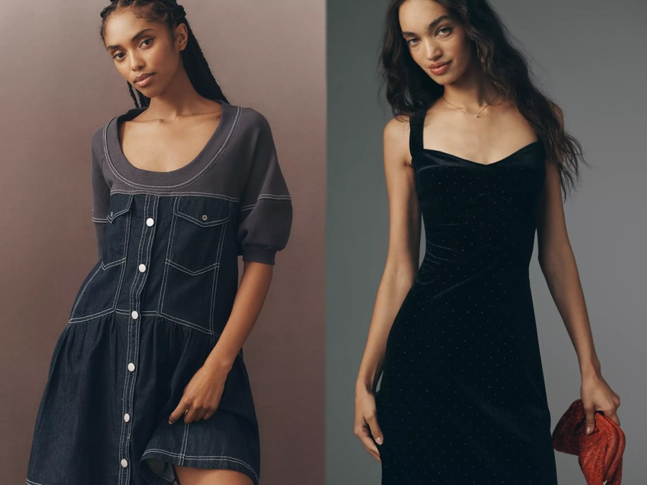 Pilcro Denim Sweatshirt Twofer Swing Dress, Maeve The Jocelyn Velvet Diamonte Midi Dress
