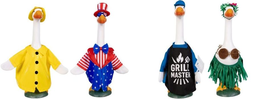 Mainstays Porch Goose Dressed up in a raincoat, patriotic outfit, grill master apron and hula bathing suit