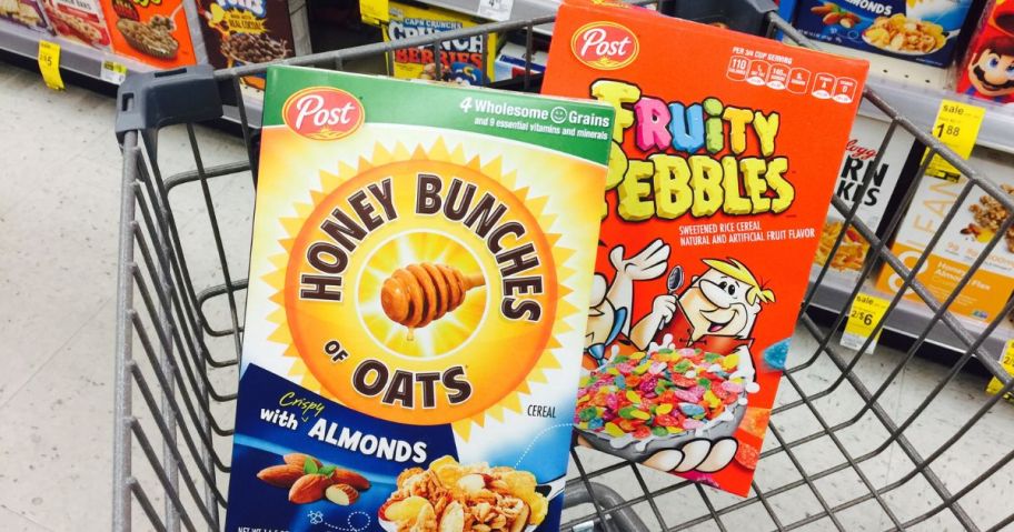 Post Cereals in a Walgreens shopping cart