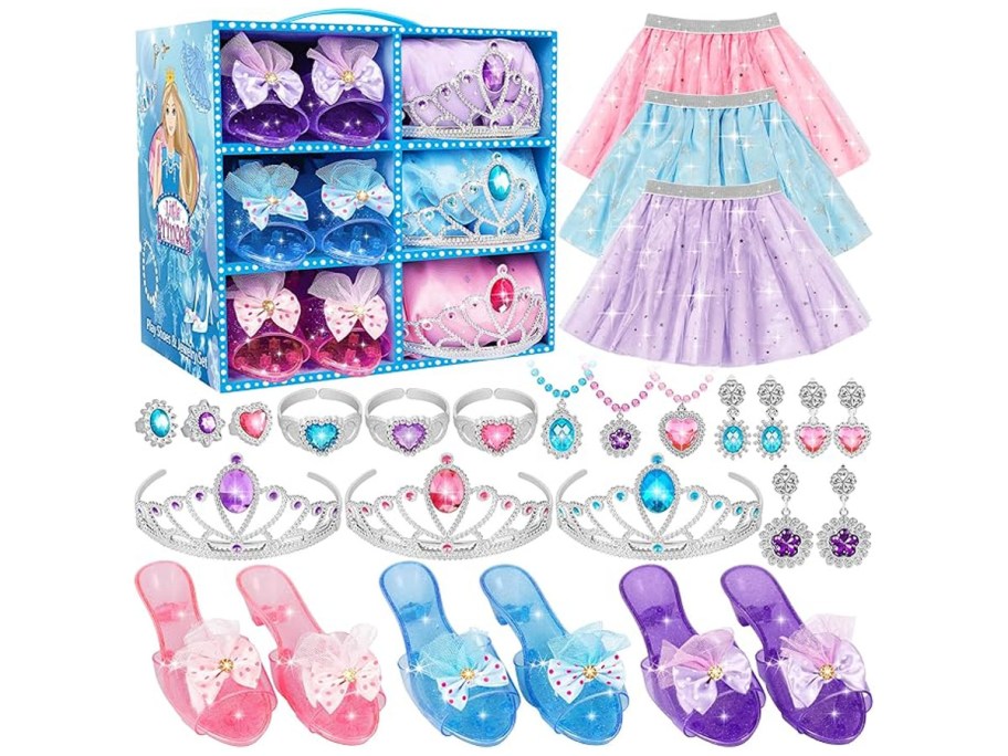 Princess 16-Piece Dress Up Trunk contents on display including skirts, shoes, tiaras and more